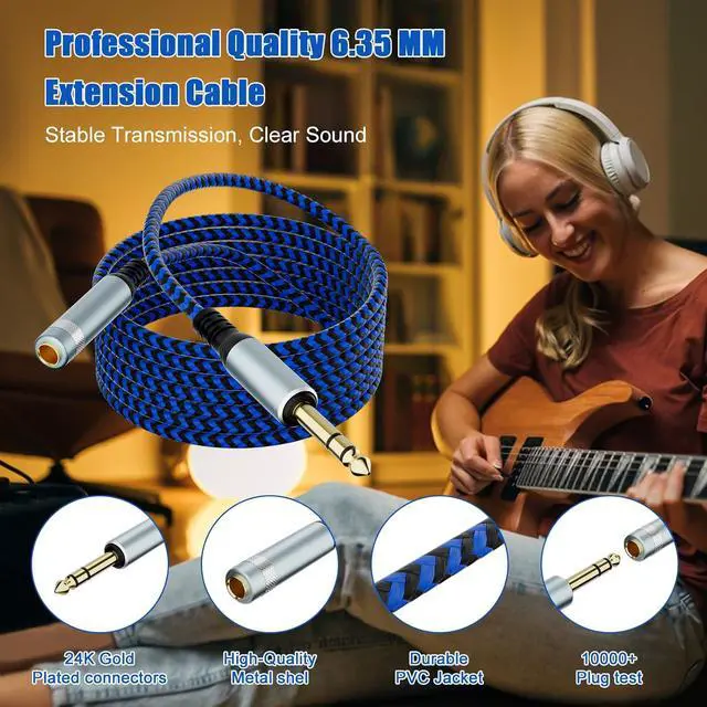 Alt view image 4 of 7 - 1/4 inch TRS Extension Cable 3ft 1/4 Male to Female Stereo Headphone Guitar Cable