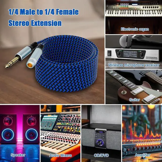 Alt view image 3 of 7 - 1/4 inch TRS Extension Cable 3ft 1/4 Male to Female Stereo Headphone Guitar Cable