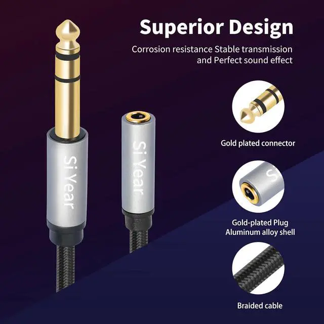 Alt view image 2 of 7 - 1/4 to 3.5mm Headphone Extension Cable 5FT- 6.35mm Quarter inch Male to 1/8 inch Female Stereo Jack Audio Adapter for Amplifiers Speaker Guitar Amp Home Theater Mixing Console (1.5m-2PACK)