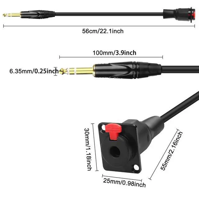 Alt view image 2 of 7 - D-Type 6.35mm 1/4 Female Panel Mount to 6.35mm Male Stereo Connector Cable 6.35mm TRS Female Socket to 6.35mm TRS Male Adapter Cord Speaker Headphone Extension Cable-0.5M/1.6FT Red
