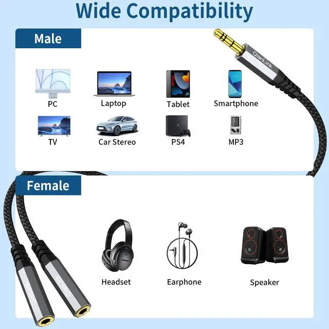 Alt view image 6 of 6 - Headphone Splitter 3.5mm Male to 2 Female Ports 1ft/0.30m Extension Cable for PS4 PS5 Xbox Switch PC Gaming Headsets Phone Tablet & More