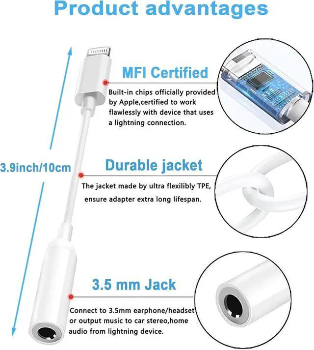 Alt view image 4 of 7 - 2Pack Lightning to 3.5mm iPhone Headphone Adapter Aux Audio Dongle with Aux Cord Headphone Jack Adapter Compatible with iPhone 14 13 12 11 X XS 8 7  MFi Certified