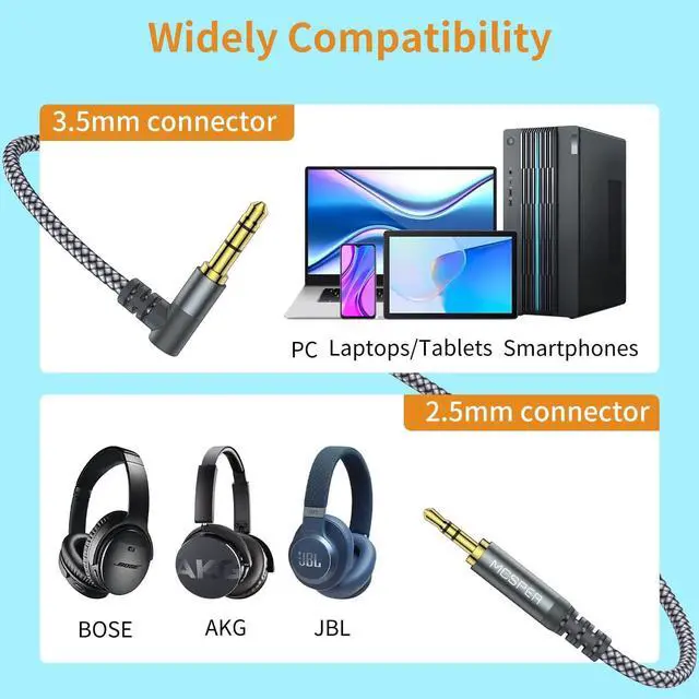 Alt view image 2 of 6 - 3.5mm to 2.5mm Aux Audio Cable (6.6FT) 90 Degree Right Cord Compatible with  700 QuietComfort QC45 QC35II QC35 QC25 Noise Cancelling Headphones JBL E45BT E55BT E65BTNC Bluetooth Earphone(Grey)