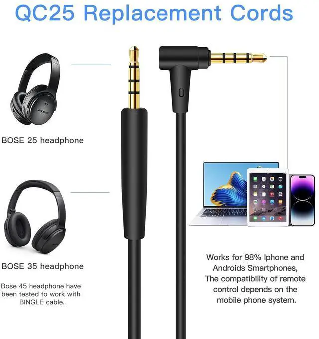 Alt view image 4 of 7 - Headphones Replacement Audio Cable Cord for  700 QuietComfort Ultra QC45 QC35 35II QC25 OE2 & OE2i JBL E45/55BT E65BTNC 2.5mm to 3.5mm On-Ear Headphones Wire Inline Mic/Remote Control