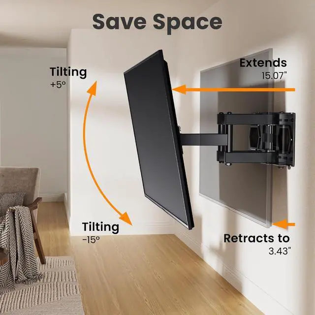 Alt view image 6 of 7 - 50 55 65 inch Full Motion TV Wall Mount for 32-70 inch TV Bracket Dual articulating Arms Mount Tilt Swivel Extension Level Max VESA 400x400mm 16 Studs 110 lbs Fit Most 40 43 50+ TVs