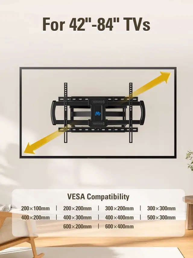 Alt view image 7 of 7 - TV Wall Mounts Bracket for Most 42-84 Inch TVs UL Listed Premium TV Mount Full Motion with Articulating Arms Max VESA 600x400mm and 100LBS Fits 16 18 24 Studs MD2296-24K