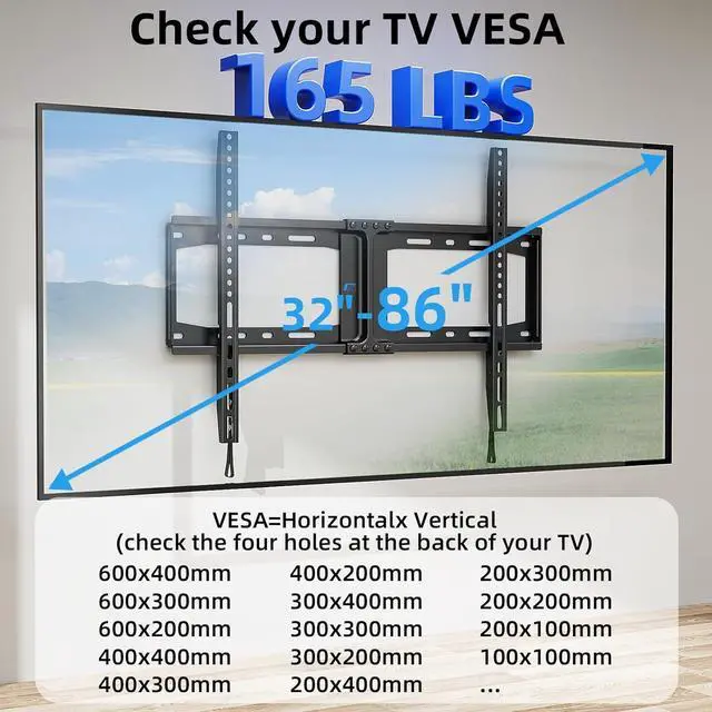 Alt view image 3 of 7 - HOME VISION Heavy Duty Fixed TV Wall Mount for Most 32-86 Inch Flat TVs, Max VESA 600X400mm up to 165lbs Fits 16/18/24 Inch Wood Studs, Universal Low Profile Wall Mount TV Bracket, Space Saving HV8601