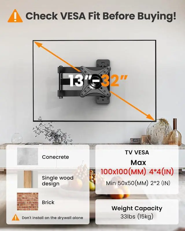 Alt view image 5 of 7 - Full Motion TV Monitor Wall Mount Bracket for Most 13-32 Inch LED LCD Flat Curved Screen 360° Rotation Swivel Tilt ExtensionAdjustable Articulating Arms Max VESA 100x100mm up to 33lbs
