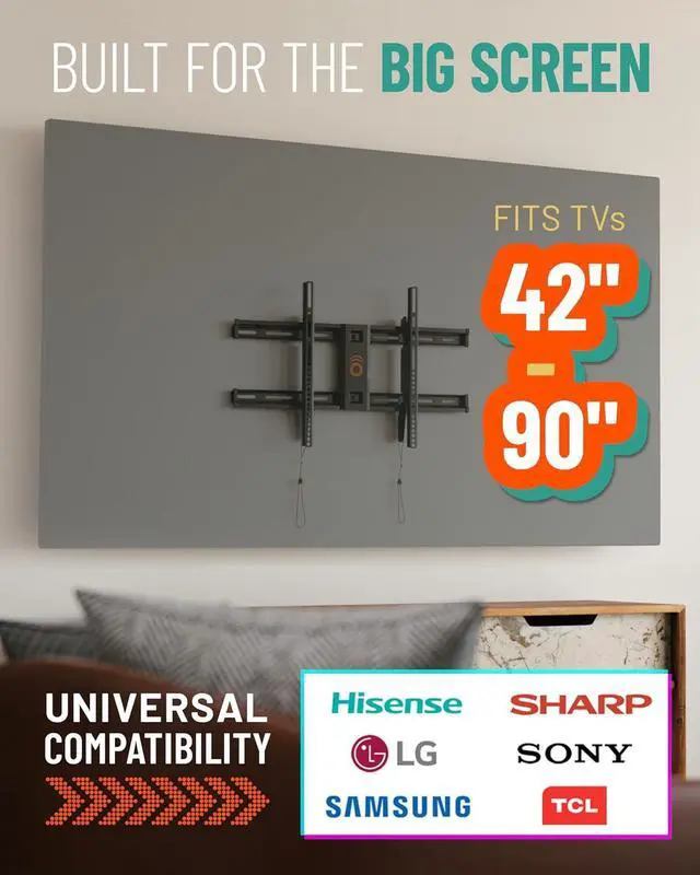 Alt view image 4 of 7 - Heavy Duty TV Wall Mount Bracket for TVs Up to 90 - Low Profile Design Holds TV Only 2.25 from Wall - Fast Install with Template & Level After Mounting - Pull Strings for Cable Access