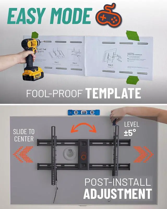 Alt view image 5 of 7 - Heavy Duty TV Wall Mount Bracket for TVs Up to 90 - Low Profile Design Holds TV Only 2.25 from Wall - Fast Install with Template & Level After Mounting - Pull Strings for Cable Access