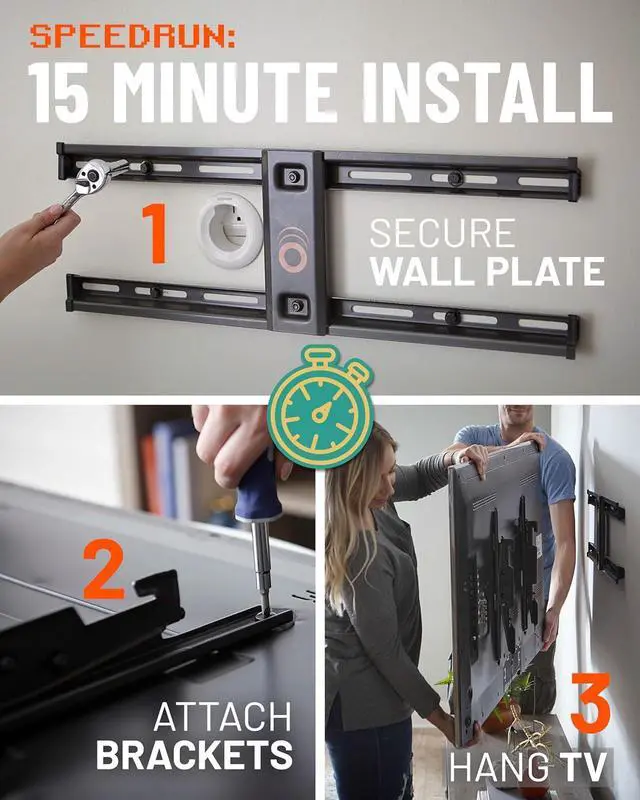 Alt view image 6 of 7 - Heavy Duty TV Wall Mount Bracket for TVs Up to 90 - Low Profile Design Holds TV Only 2.25 from Wall - Fast Install with Template & Level After Mounting - Pull Strings for Cable Access