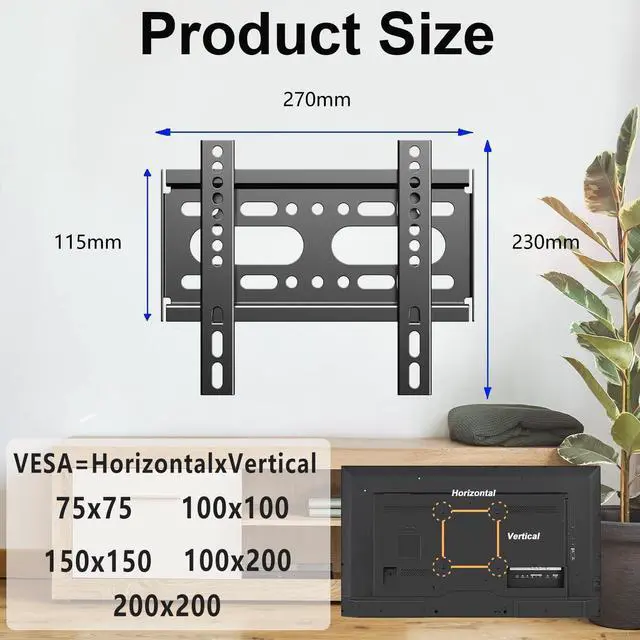 Alt view image 3 of 7 - Fixed TV Wall Mount for 14-42 Flat Screen TVs Small Wall Mount TV Bracket fit 19 24 28 32 35 39 40 inch VESA Up to 200x200mm 55lbs Max Load Easy Install Low Profile Monitor Mount Bracket