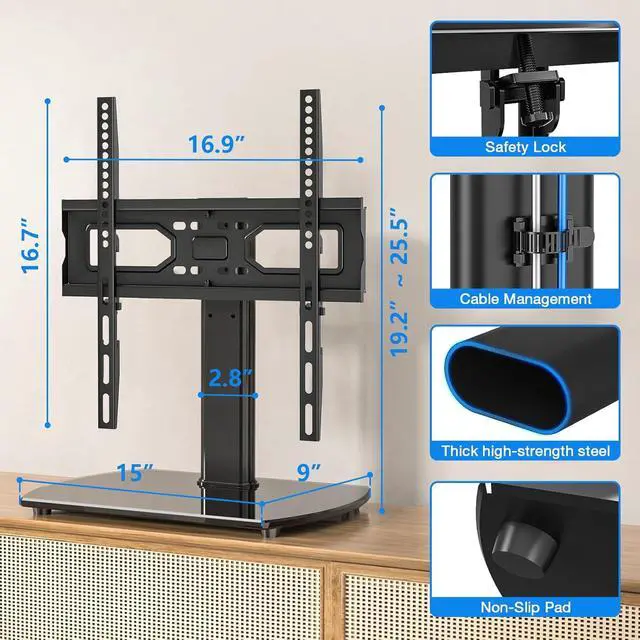 Alt view image 6 of 7 - Universal Swivel TV Stand for 27-50 55 60 Inch TVs Height Adjustable Table Top TV Stand Mount Hold up to 88 lbs Pedestal TV Stands with Tempered Glass Base Replacement TV Mount Stand