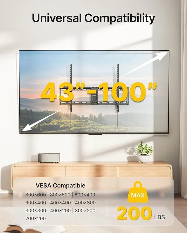 Alt view image 2 of 7 - Heavy Duty Tilt TV Wall Mount for 43100 Large Flat & Curved TVs Holds 200 lbs Ultra Slim Low Profile Bracket with 8° Tilt Fits 16/18/24 Wood Studs Max VESA 800x600 4× Load Tested