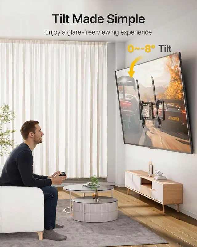 Alt view image 5 of 7 - Heavy Duty Tilt TV Wall Mount for 43100 Large Flat & Curved TVs Holds 200 lbs Ultra Slim Low Profile Bracket with 8° Tilt Fits 16/18/24 Wood Studs Max VESA 800x600 4× Load Tested