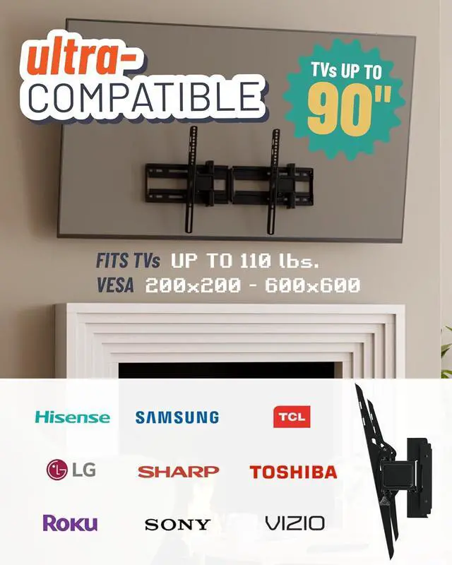 Alt view image 3 of 7 - Extendable Tilting TV Wall Mount for 32 to 90 Screens up to 110lbs - Reduce Glare w/ 5.2 Extension for 12 deg Tilt - Universal TV Mount w/ 3-Step Install & Included Hardware  UL Listed