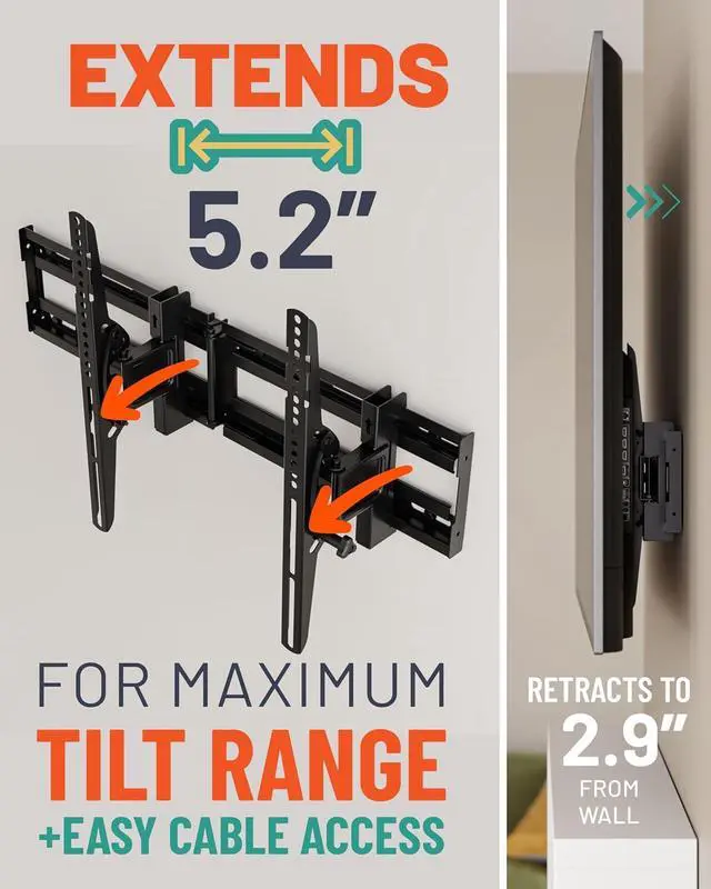 Alt view image 5 of 7 - Extendable Tilting TV Wall Mount for 32 to 90 Screens up to 110lbs - Reduce Glare w/ 5.2 Extension for 12 deg Tilt - Universal TV Mount w/ 3-Step Install & Included Hardware  UL Listed