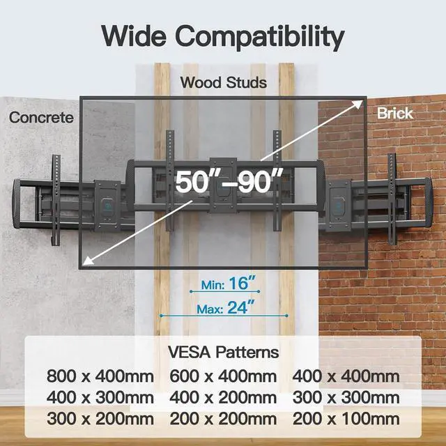 Alt view image 2 of 7 - Full Motion TV Wall Mount for 50-90 TVs up to 165lbs TV Mount Bracket with Dual Articulating Arms Swivel Tilt Extension Max VESA 800x400mm Fits 1618 to 24 Studs PSXFK1