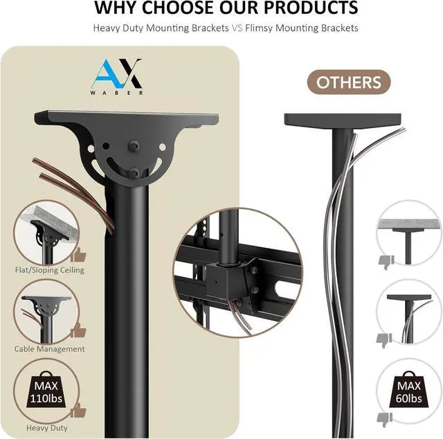 Alt view image 7 of 7 - AX WABER Ceiling TV Mount Adjustable Bracket for 26-65 inch LCD LED OLED 4K TVs, Pole Ceiling Mount Holds up to 110lbs,Hanging tv Mount Max VESA 400x400mm (AX11TB01), Black