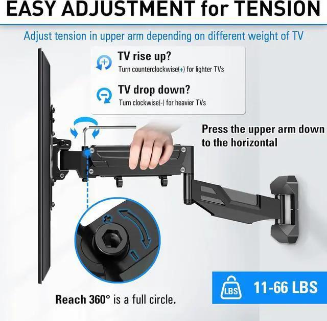 Alt view image 2 of 7 - Height Adjustable TV Wall Mount for 26-55 Inch TVs Gas Spring Full Motion Articulating TV Bracket with Smooth Swivel Tilt & Safe Corner Installation 400x400mm VESA 11-66 lbs Textured Black