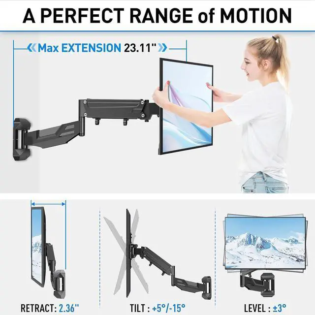Alt view image 7 of 7 - Height Adjustable TV Wall Mount for 26-55 Inch TVs Gas Spring Full Motion Articulating TV Bracket with Smooth Swivel Tilt & Safe Corner Installation 400x400mm VESA 11-66 lbs Textured Black
