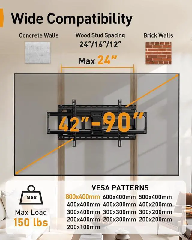 Alt view image 2 of 7 - Long Arm Full Motion TV Wall Mount for 4290 Inch TVs up to 150 lbs 40 Long Extension Pre-Assembled Corner TV Mount with Full Swivel Tilt Fits 8/12/16/24 Studs Max VESA 800x400mm