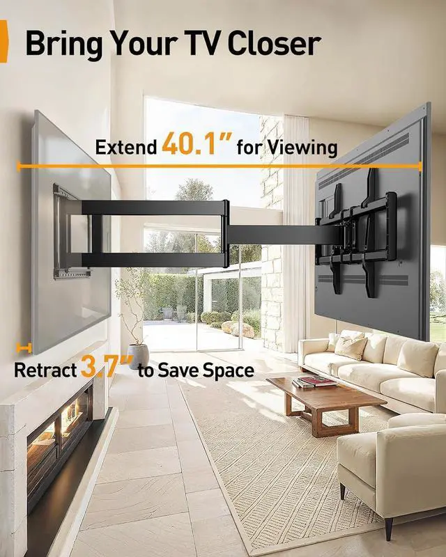 Alt view image 3 of 7 - Long Arm Full Motion TV Wall Mount for 4290 Inch TVs up to 150 lbs 40 Long Extension Pre-Assembled Corner TV Mount with Full Swivel Tilt Fits 8/12/16/24 Studs Max VESA 800x400mm