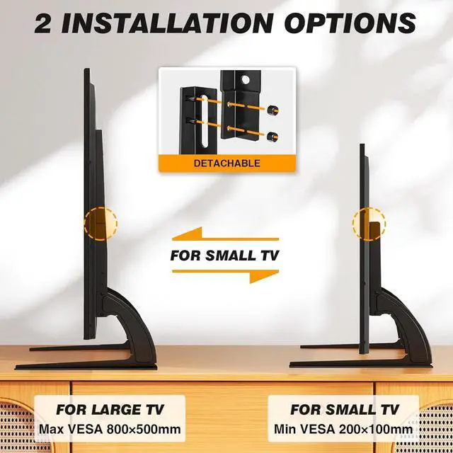 Alt view image 3 of 7 - TV Stand Mount Universal TV Stand Tabletop for 22 to 65 inch Plasma LCD LED Flat Screen TVs Strong TV Legs Holds up to 88lbs Height Adjustable TV Base Max VESA 800 x 500mm