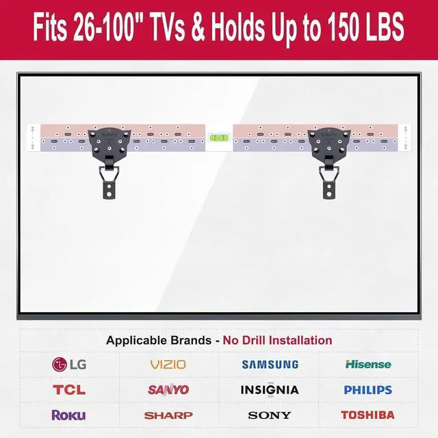 Alt view image 2 of 7 - TV Wall Mount - No Drill Installation TV Mount 150 lbs Heavy Duty Capacity for 26-100 inch TVs Fits LED/OLED/QLED/Plasma Displays Bolt Kit Included