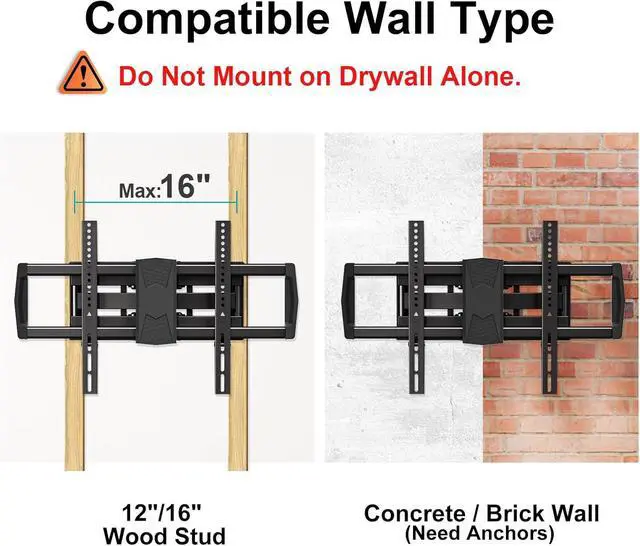 Alt view image 7 of 7 - Full Motion TV Mount for Most 42-82 inch TVs Wall Mount TV Bracket with Swivel Articulating Extension Tilt Arms Television Wall Mount Max VESA 600x400mm 100lbs Loading Fits Max 16 Studs