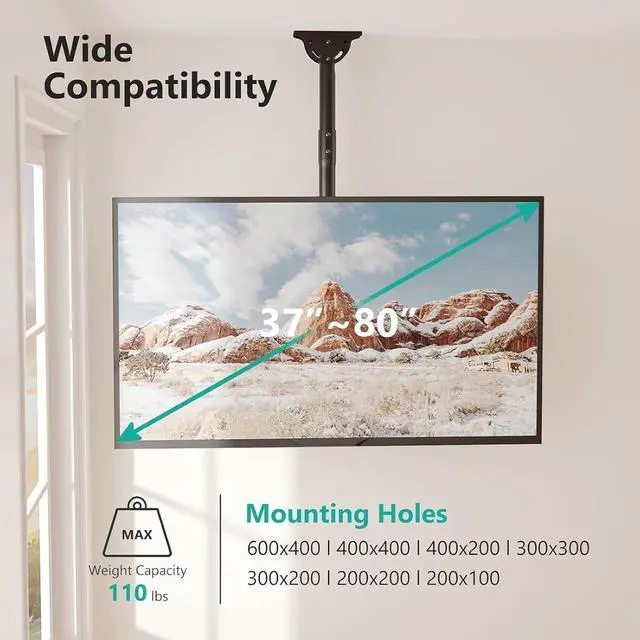 Alt view image 2 of 7 - Ceiling TV Mount for Most 37 to 80 inch Flat Screen Display Hanging TV Mount Bracket with Swivel Tilt Fits LED LCD OLED 4K TVs up to 110lbs Max Mounting Holes 600x400mm (CM3770) Black