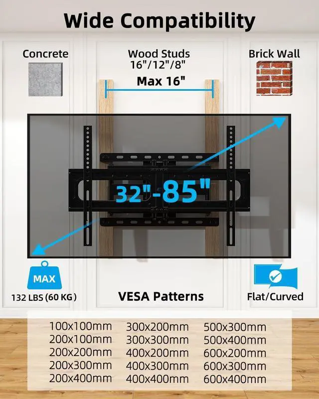 Alt view image 2 of 7 - Full Motion TV Wall Mount for Most 32-85 inch TVs up to132 lbs TV Mount Swivel and Tilt with Dual Articulating Arms Wall Mount tv Bracket Max VESA 600x400mm Fits 8 12 16 Wood Studs