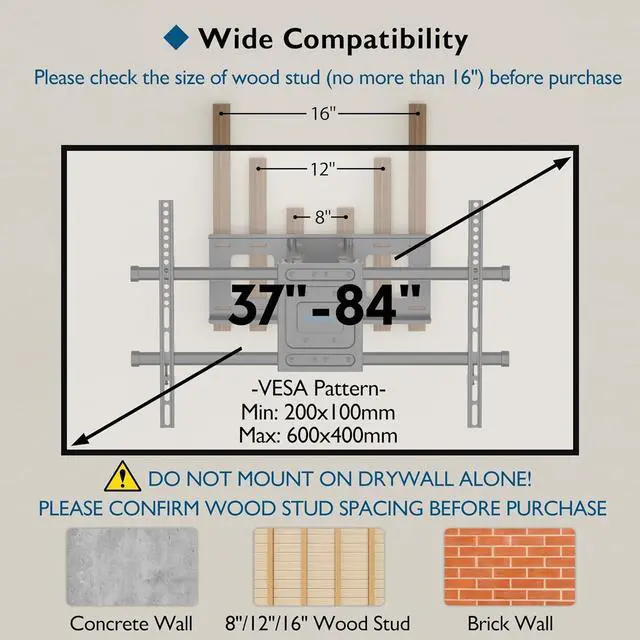 Alt view image 2 of 7 - BONTEC Full Motion TV Wall Mount for 37-84 Inch TVs, Hold up to 132lbs, Max VESA 600x400mm, Swivel Tilt Dual Arms, Adjustable Viewing Angle, Fits 16" Wood Studs, Easy Assembly