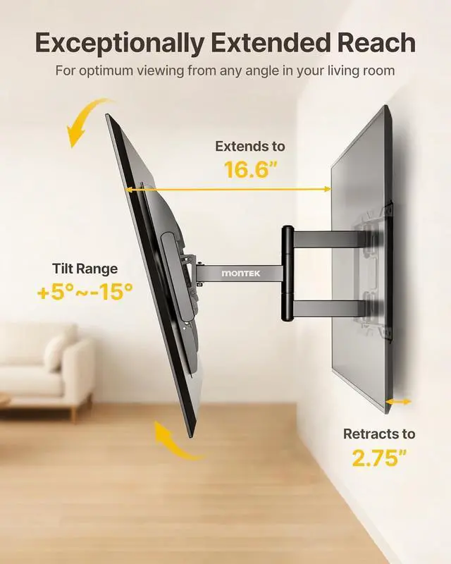 Alt view image 6 of 7 - Full Motion TV Wall Mount for 37-84 Inch TVs TV Mount Bracket with Articulating Arms Tool-Free Tilt & Swivel Extension Max VESA 600x400mm Fits 12/16 Wood Studs Up to 110lbs 4X Tested