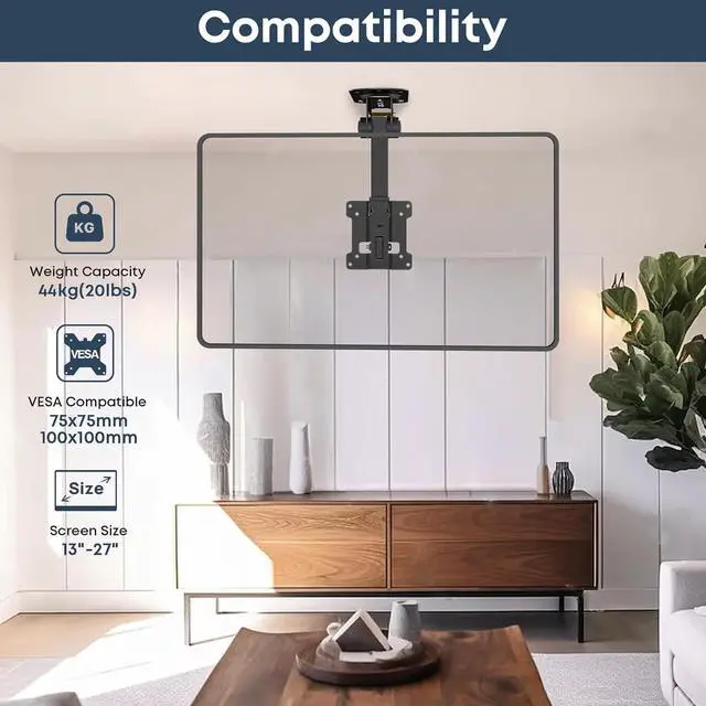 Alt view image 3 of 7 - 13 to 27 inch Folding TV Ceiling Mount Manual Flip Down TV Bracket up to 44lbs Folding Tilt Pitched Roof and Under Cabinet Mounting Height Adjustable Max VESA 100x100mm Black