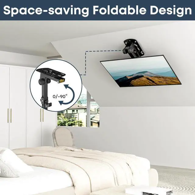 Alt view image 6 of 7 - 13 to 27 inch Folding TV Ceiling Mount Manual Flip Down TV Bracket up to 44lbs Folding Tilt Pitched Roof and Under Cabinet Mounting Height Adjustable Max VESA 100x100mm Black