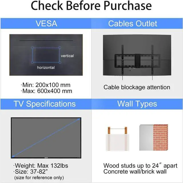 Alt view image 2 of 7 - Suptek Tilt TV Wall Mount Bracket for Most 37-82 inch TV, Universal Mount with Max 600x400mm VESA and 132lbs Loading Capacity, Fits Studs 24" Apart, Low Profile with Magnetic Bubble Level (MT5082)