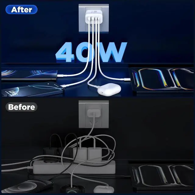 Alt view image 3 of 7 - [2 Pack] iPhone 17 16 Charger Block 4-Port 40W USB C PD Power Adapter Fast Charging+ QC 3.0 USB A Multiport Charger Brick for iPhone 17/16/15/14/13/Pro Max/XS/XR iPad Airpods iwatch  Tablets