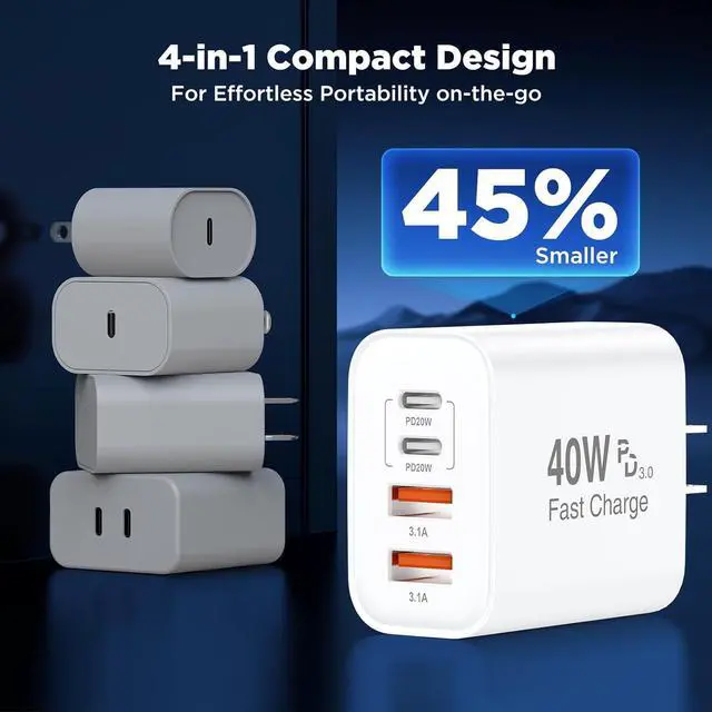 Alt view image 4 of 7 - [2 Pack] iPhone 17 16 Charger Block 4-Port 40W USB C PD Power Adapter Fast Charging+ QC 3.0 USB A Multiport Charger Brick for iPhone 17/16/15/14/13/Pro Max/XS/XR iPad Airpods iwatch  Tablets