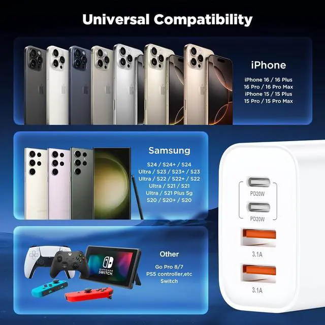 Alt view image 6 of 7 - [2 Pack] iPhone 17 16 Charger Block 4-Port 40W USB C PD Power Adapter Fast Charging+ QC 3.0 USB A Multiport Charger Brick for iPhone 17/16/15/14/13/Pro Max/XS/XR iPad Airpods iwatch  Tablets