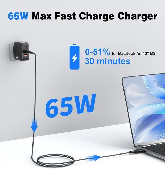 Alt view image 2 of 7 - 65W GaN USB C Charger Block Mini Charger with 3 Ports & 2m Cable Foldable Wall Charging Blocks Compatible with MacBook Pro/Air M2  XPS iPad Pro iPhone 16/15/14 Pro Galaxy S25/S24(Black)