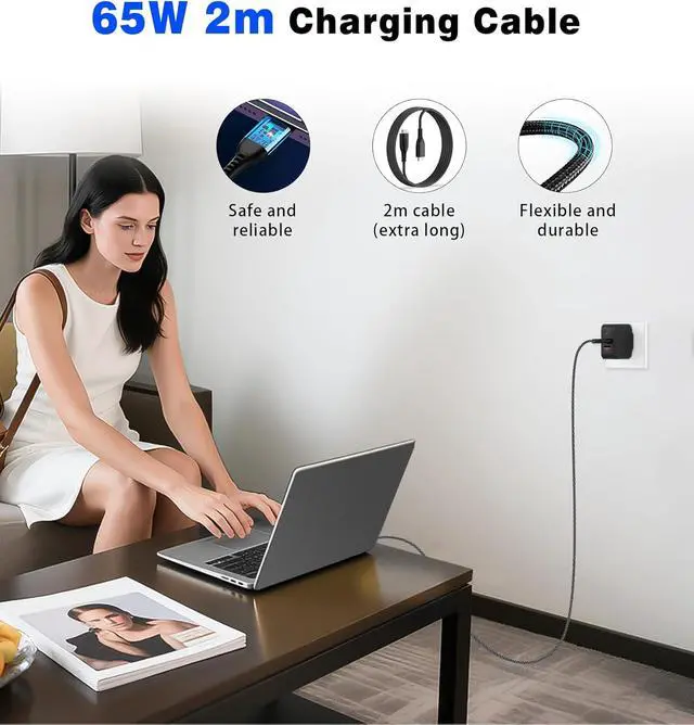 Alt view image 4 of 7 - 65W GaN USB C Charger Block Mini Charger with 3 Ports & 2m Cable Foldable Wall Charging Blocks Compatible with MacBook Pro/Air M2  XPS iPad Pro iPhone 16/15/14 Pro Galaxy S25/S24(Black)