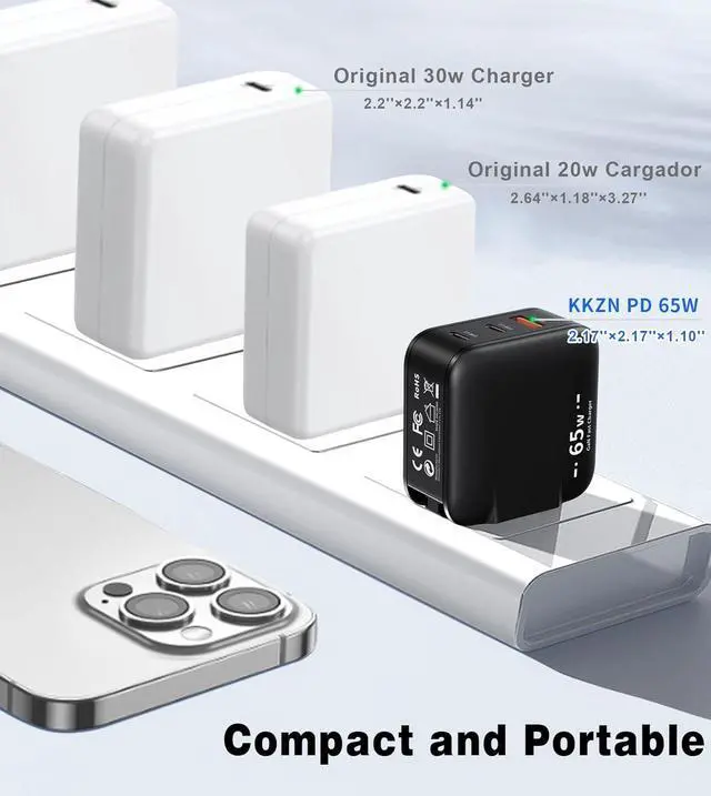 Alt view image 5 of 7 - 65W GaN USB C Charger Block Mini Charger with 3 Ports & 2m Cable Foldable Wall Charging Blocks Compatible with MacBook Pro/Air M2  XPS iPad Pro iPhone 16/15/14 Pro Galaxy S25/S24(Black)