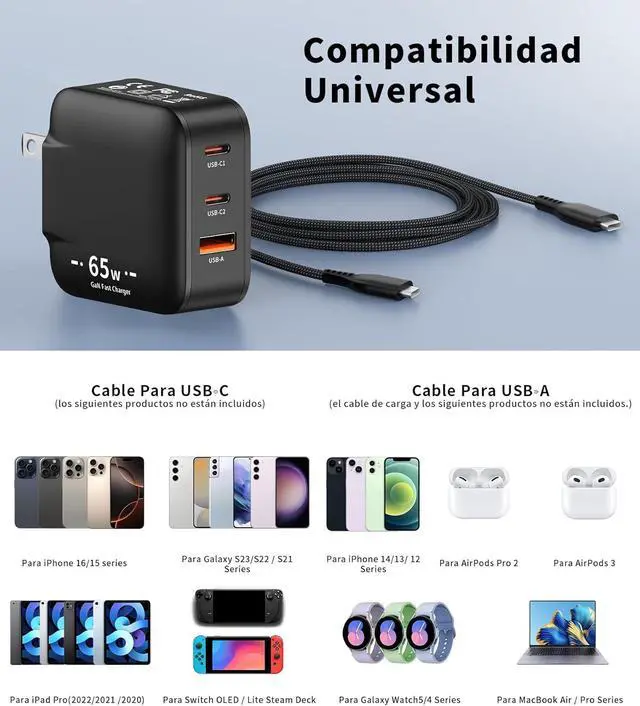 Alt view image 7 of 7 - 65W GaN USB C Charger Block Mini Charger with 3 Ports & 2m Cable Foldable Wall Charging Blocks Compatible with MacBook Pro/Air M2  XPS iPad Pro iPhone 16/15/14 Pro Galaxy S25/S24(Black)