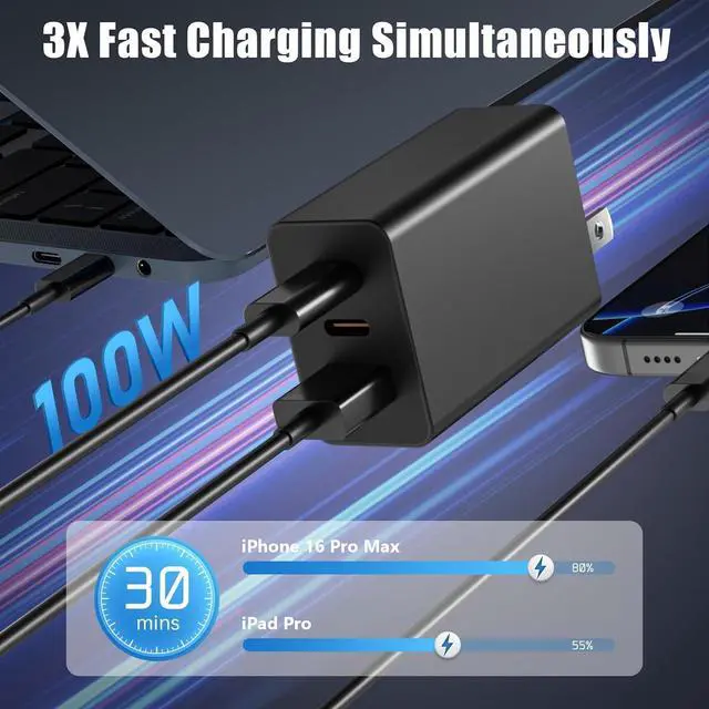 Alt view image 4 of 7 - [2-Pack] USB C Wall Charger 3-Port 100W GaN Multiport Fast Charging Charger Block PD+QC Power Adapter Plug for iPhone 17 Air/16/15/14/13/Pro Max/XS/XR MacBook Pro/Air iPad  S25/S24 and More