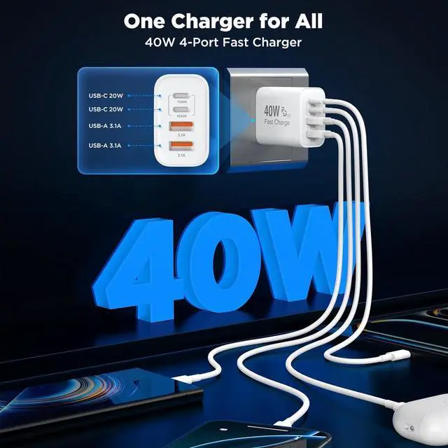 Alt view image 2 of 7 - [2 Pack] iPhone 17 16 Charger Block 4-Port 40W USB C PD Power Adapter Fast Charging+ QC 3.0 USB A Multiport Charger Brick for iPhone 17/16/15/14/13/Pro Max/XS/XR iPad Airpods iwatch  Tablets