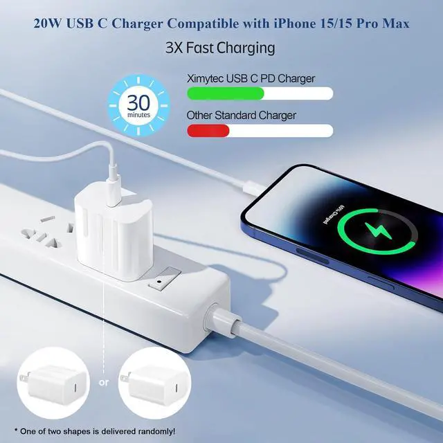 Alt view image 2 of 7 - 20W USB C Fast Charger Compatible with iPhone 16/16 Plus/ 16 Pro Max/ 15/ iPad Pro 2Pack PD USB C Charger Block with 6FT Type C to C Cable