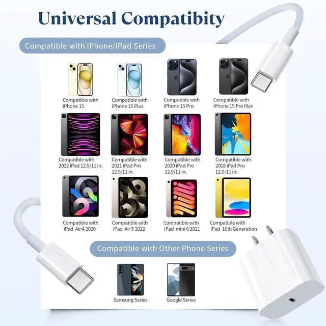 Alt view image 5 of 7 - 20W USB C Fast Charger Compatible with iPhone 16/16 Plus/ 16 Pro Max/ 15/ iPad Pro 2Pack PD USB C Charger Block with 6FT Type C to C Cable