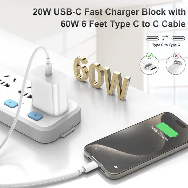 Alt view image 2 of 7 - for iPhone16 Charger 3 Pack 20W USB-C Fast Wall Charger with 6ft C to C Cable for iPhone 16/16 Pro/16 Pro Max/16 Plus/15 Series/iPad Air/iPad Pro and More