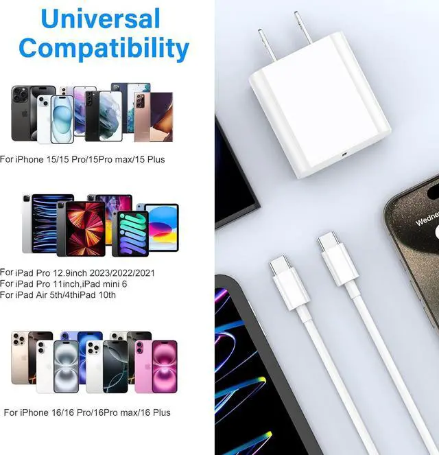 Alt view image 7 of 7 - for iPhone16 Charger 3 Pack 20W USB-C Fast Wall Charger with 6ft C to C Cable for iPhone 16/16 Pro/16 Pro Max/16 Plus/15 Series/iPad Air/iPad Pro and More
